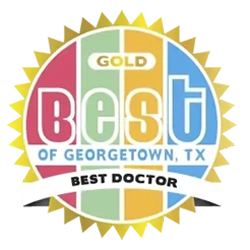 A colorful circular badge with a gold border and text: Gold – Best of Georgetown, TX – Best Doctor.