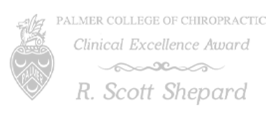 Text reads: Palmer College of Chiropractic – Clinical Excellence Award – R. Scott Shepard with a decorative emblem on the left.