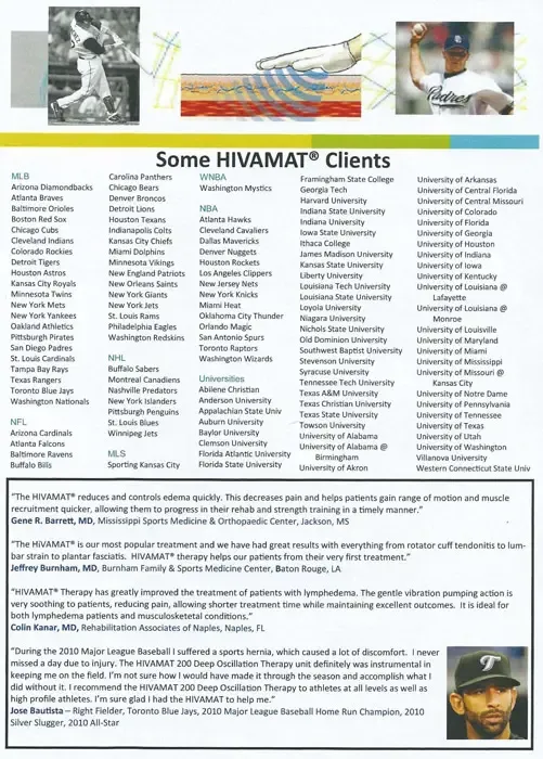 A promotional sheet listing HIVAMAT® clients, including major sports teams (MLB, NFL, NBA, NHL, WNBA) and universities. Includes testimonials about pain relief and recovery benefits.