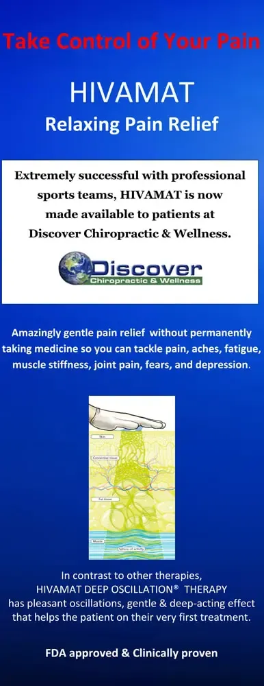 HIVAMAT Pain Relief Poster Text: Take Control of Your Pain – HIVAMAT Relaxing Pain Relief. Promotes gentle oscillation therapy for pain, stiffness, fatigue, and depression. Mentions FDA approval and clinical proof.